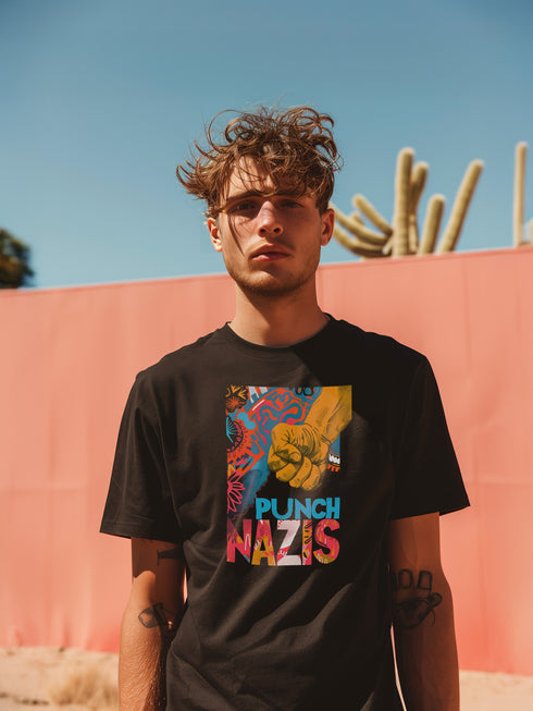 Black T-shirt featuring a bold, colorful "Punch Nazis" design with a clenched fist and abstract, graffiti-style patterns.